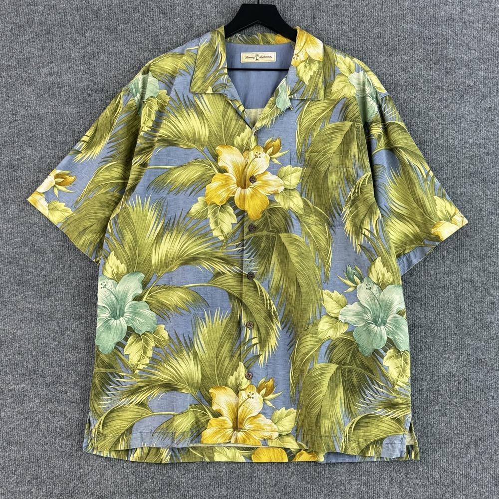 Tommy Bahama Camp Button Up Shirt Mens XL Green Floral Silk Resort Short Sleeve